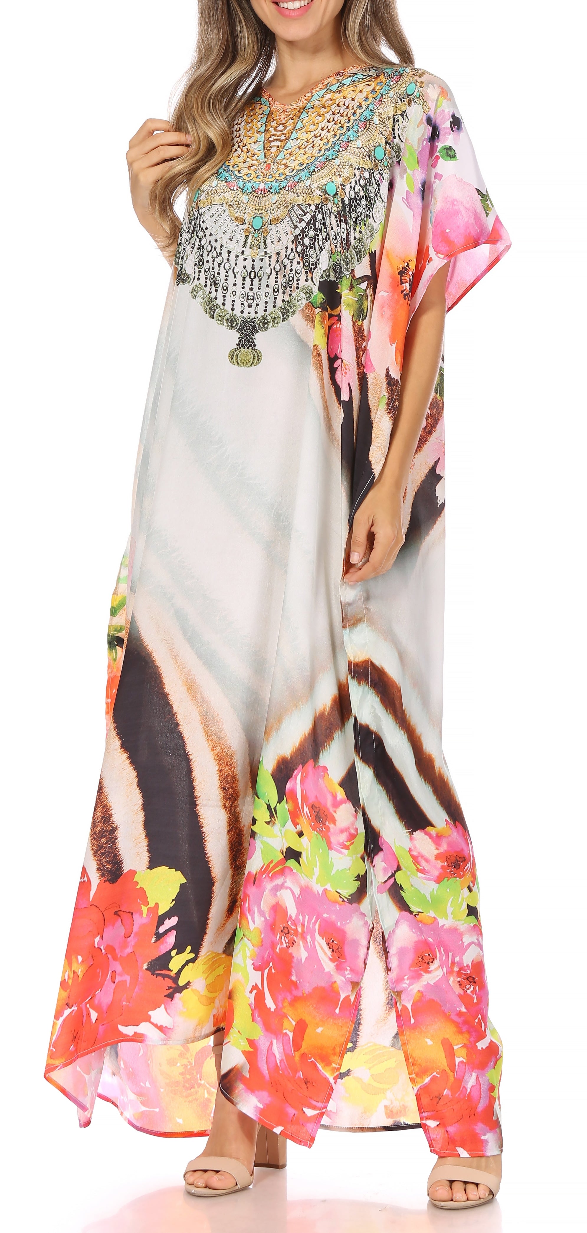 Vicky Women's Casual Short Sleeve Petite Beach Maxi Caftan Dress