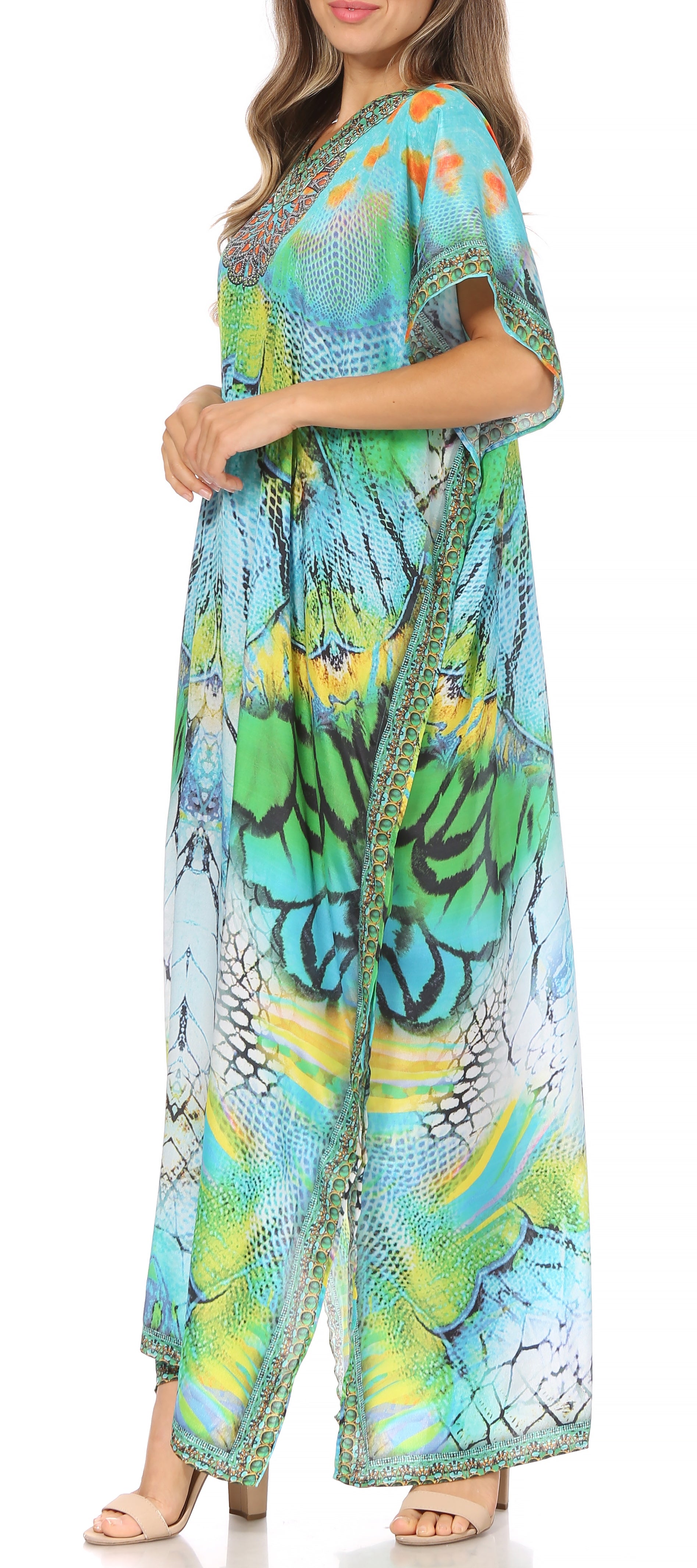 Vicky Women's Casual Short Sleeve Petite Beach Maxi Caftan Dress