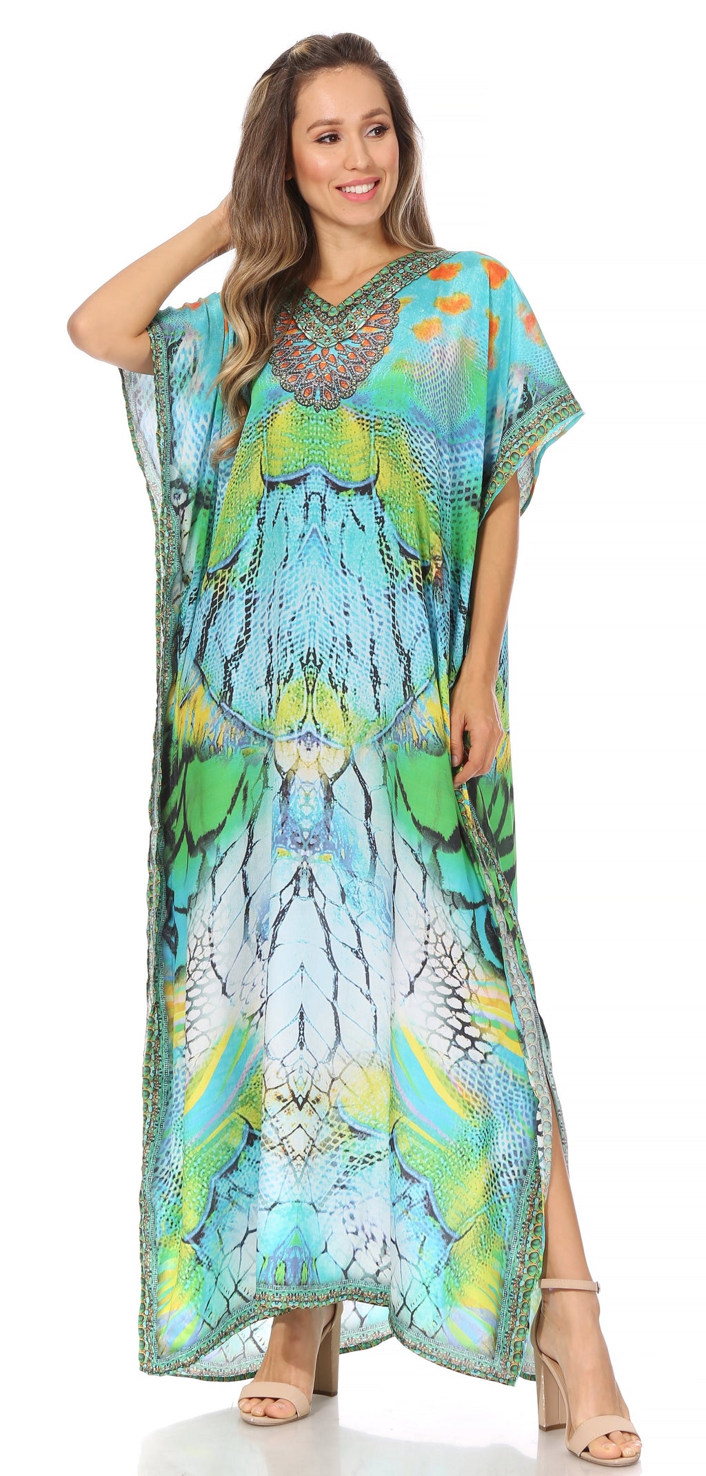 Vicky Women's Casual Short Sleeve Petite Beach Maxi Caftan Dress