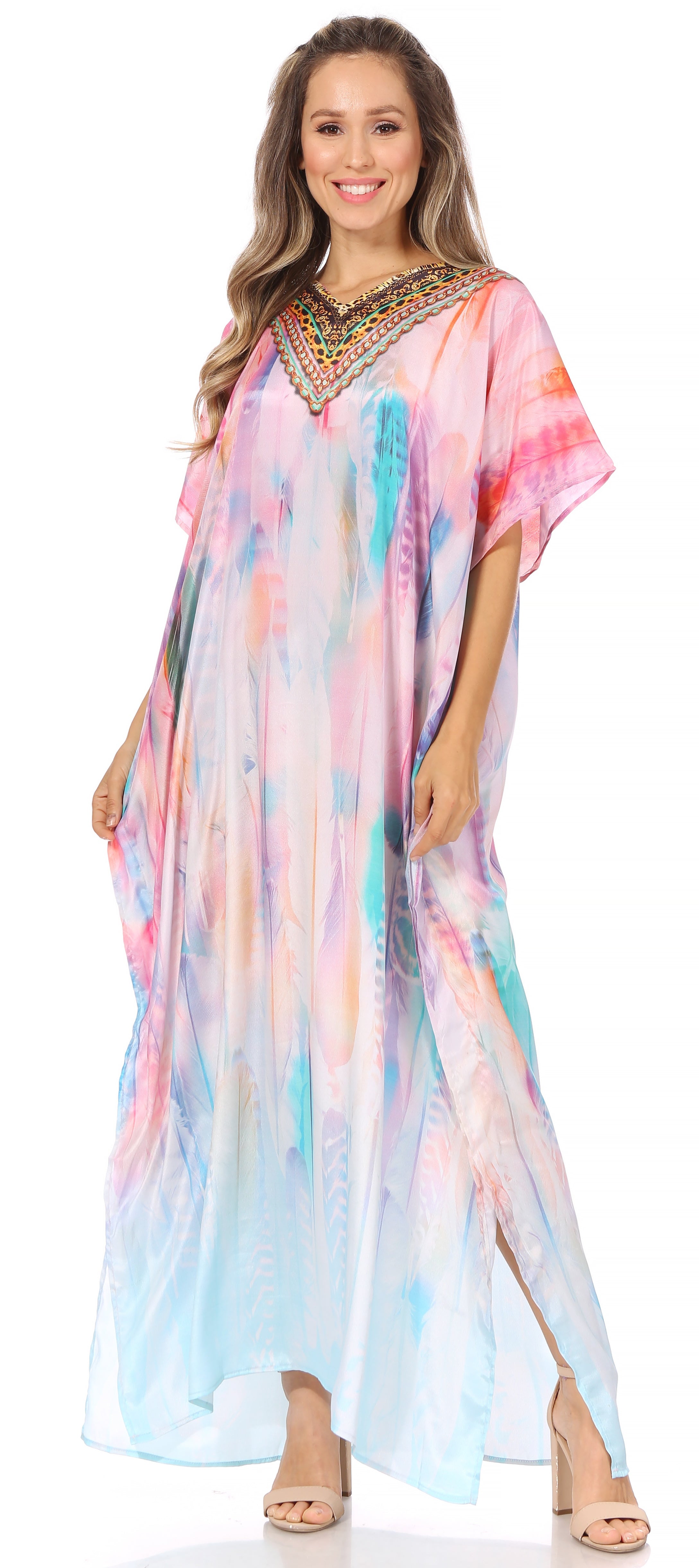 Vicky Women's Casual Short Sleeve Petite Beach Maxi Caftan Dress