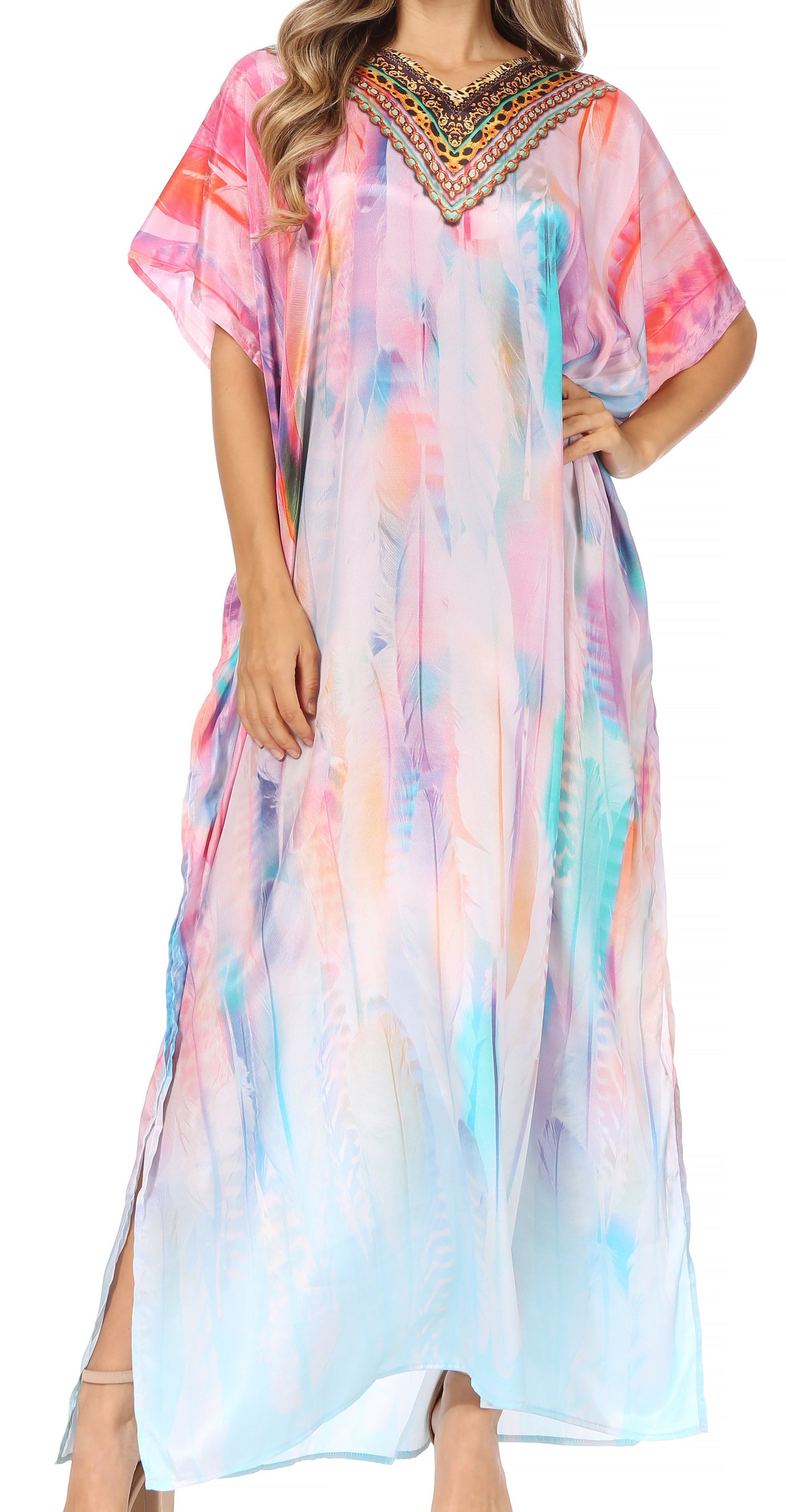 Vicky Women's Casual Short Sleeve Petite Beach Maxi Caftan Dress