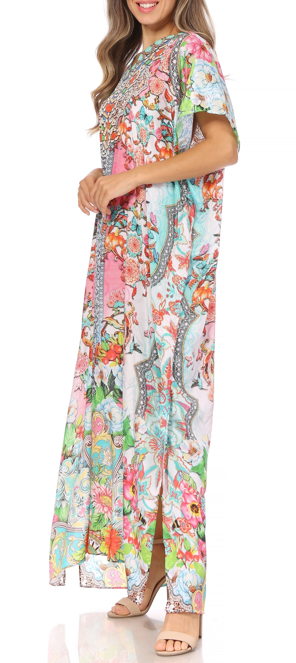 Vicky Women's Casual Short Sleeve Petite Beach Maxi Caftan Dress