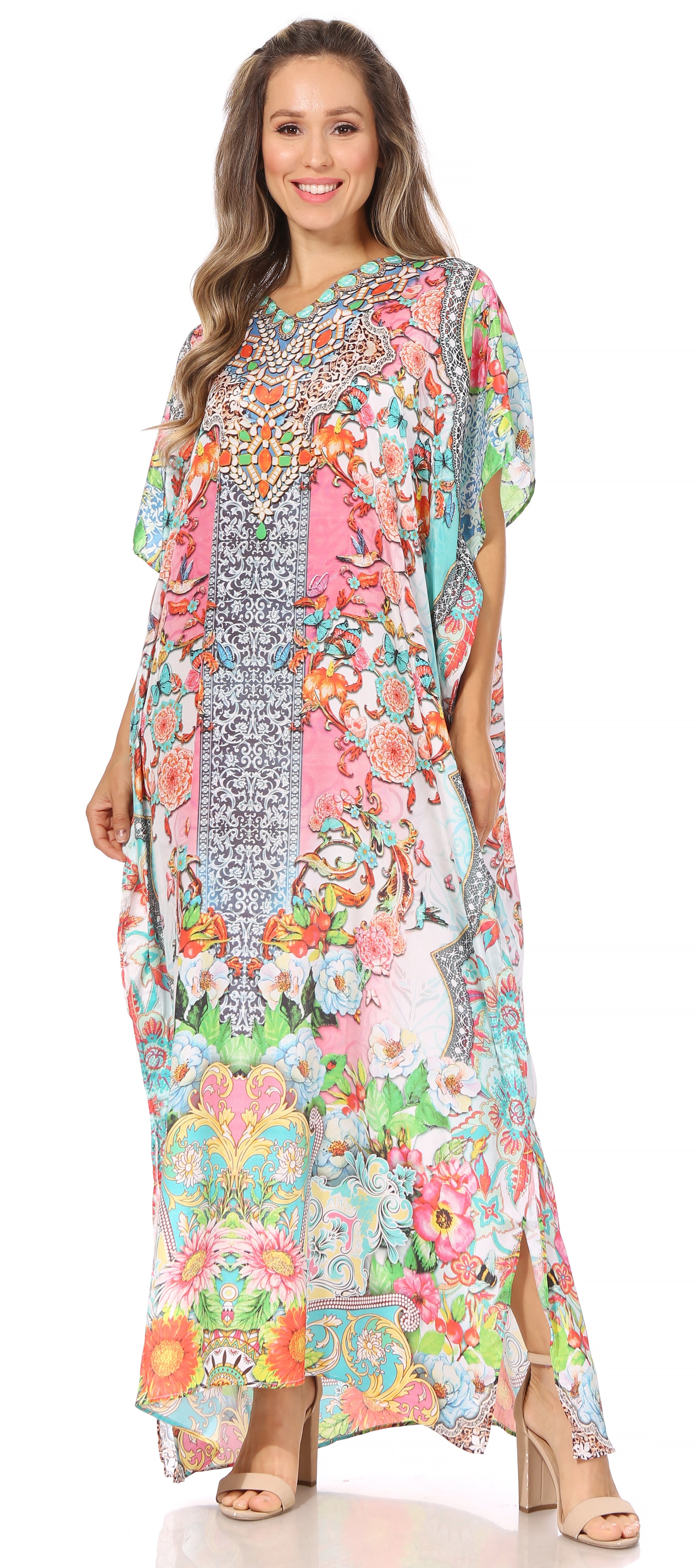 Vicky Women's Casual Short Sleeve Petite Beach Maxi Caftan Dress