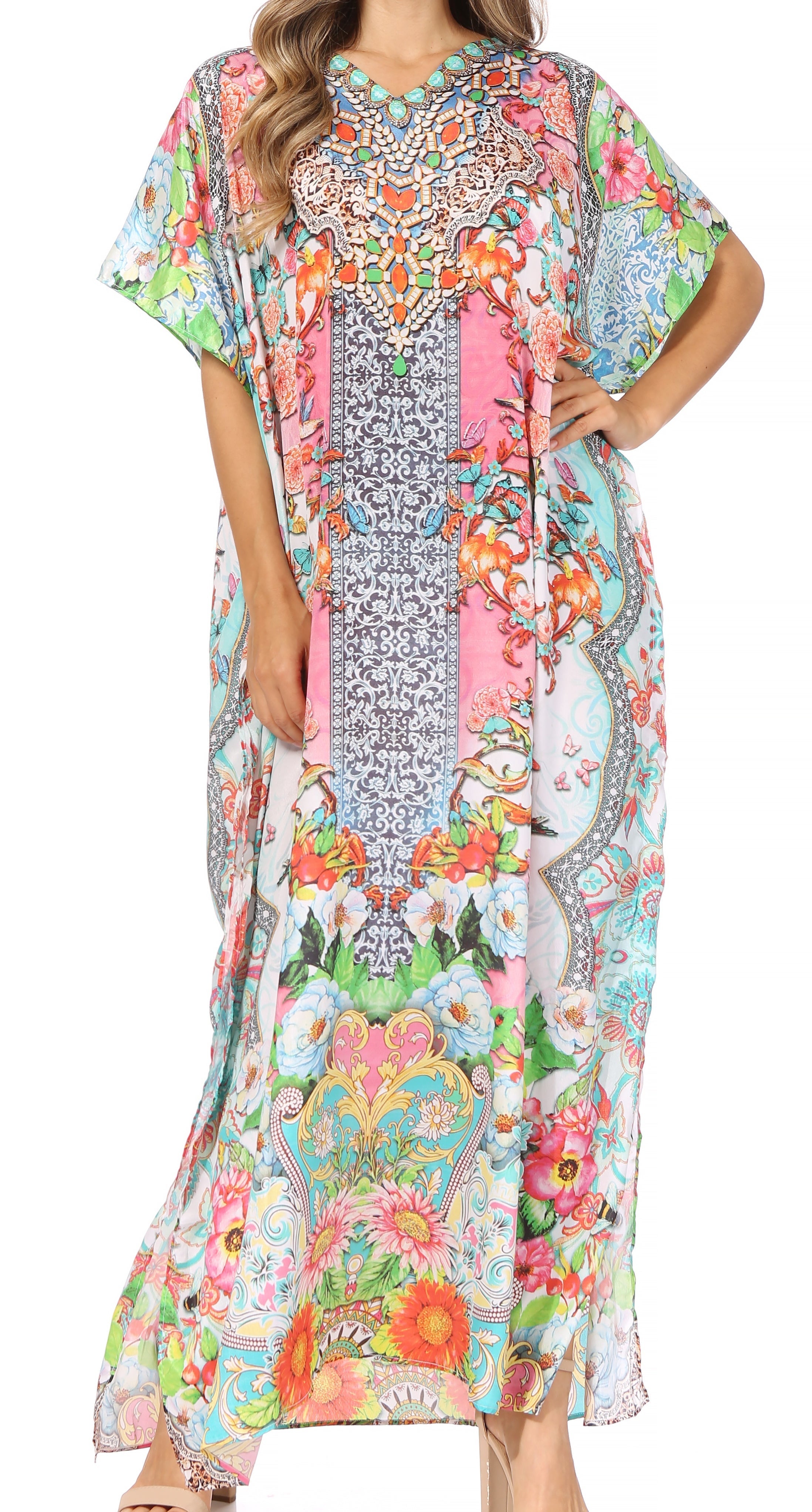 Vicky Women's Casual Short Sleeve Petite Beach Maxi Caftan Dress