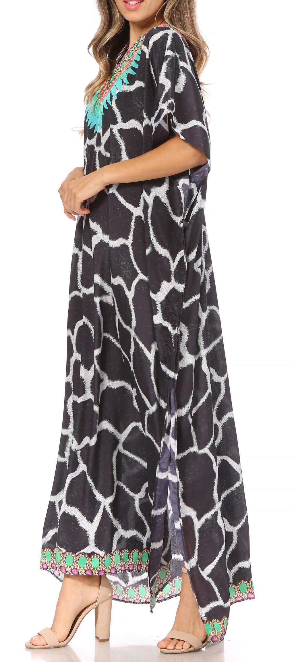 Vicky Women's Casual Short Sleeve Petite Beach Maxi Caftan Dress