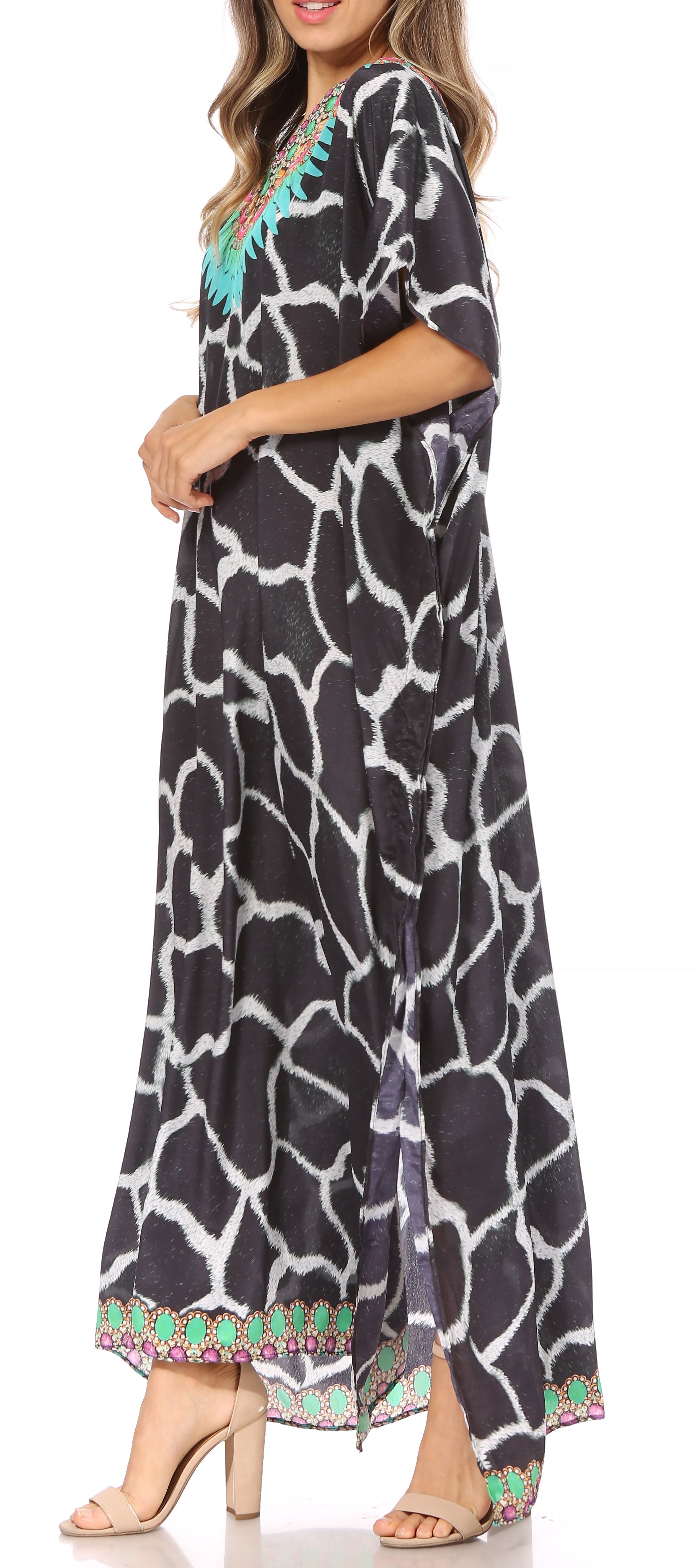 Vicky Women's Casual Short Sleeve Petite Beach Maxi Caftan Dress