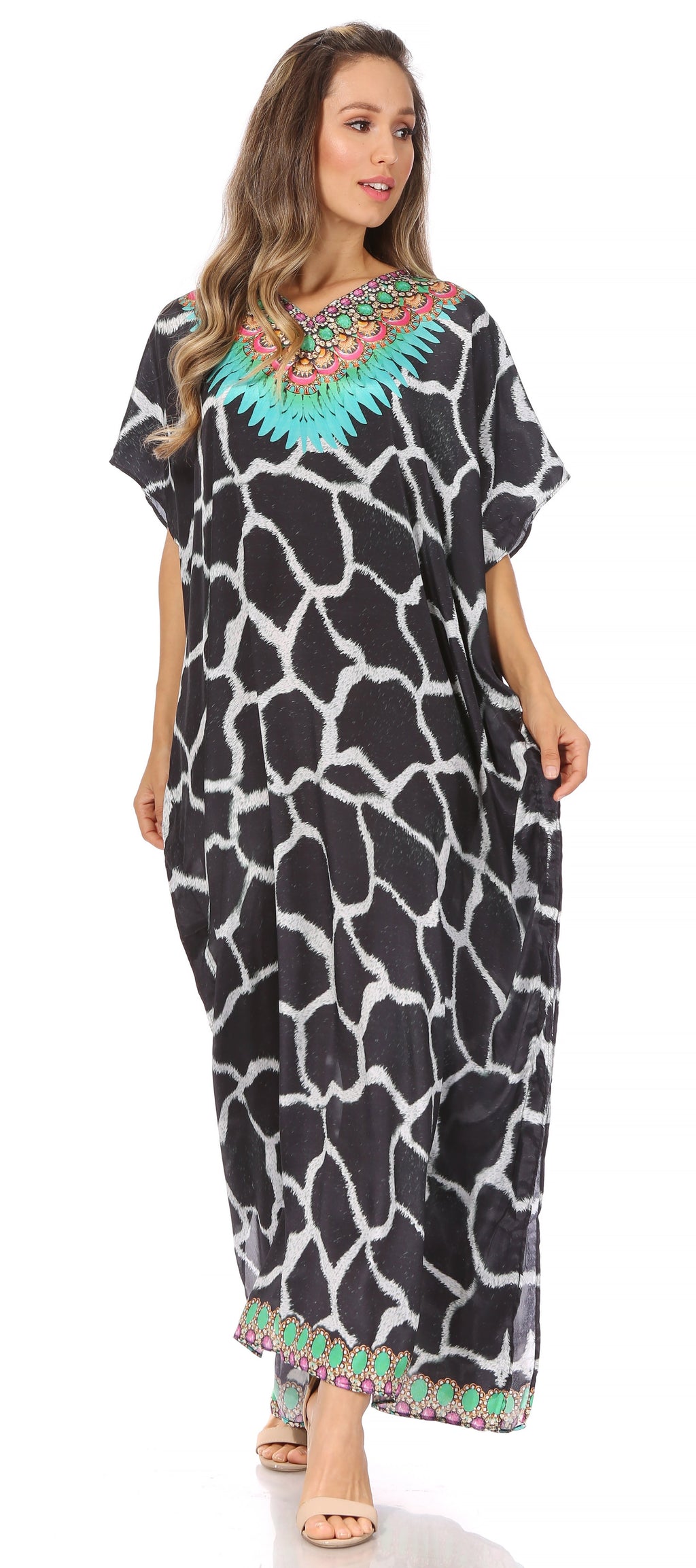 Vicky Women's Casual Short Sleeve Petite Beach Maxi Caftan Dress