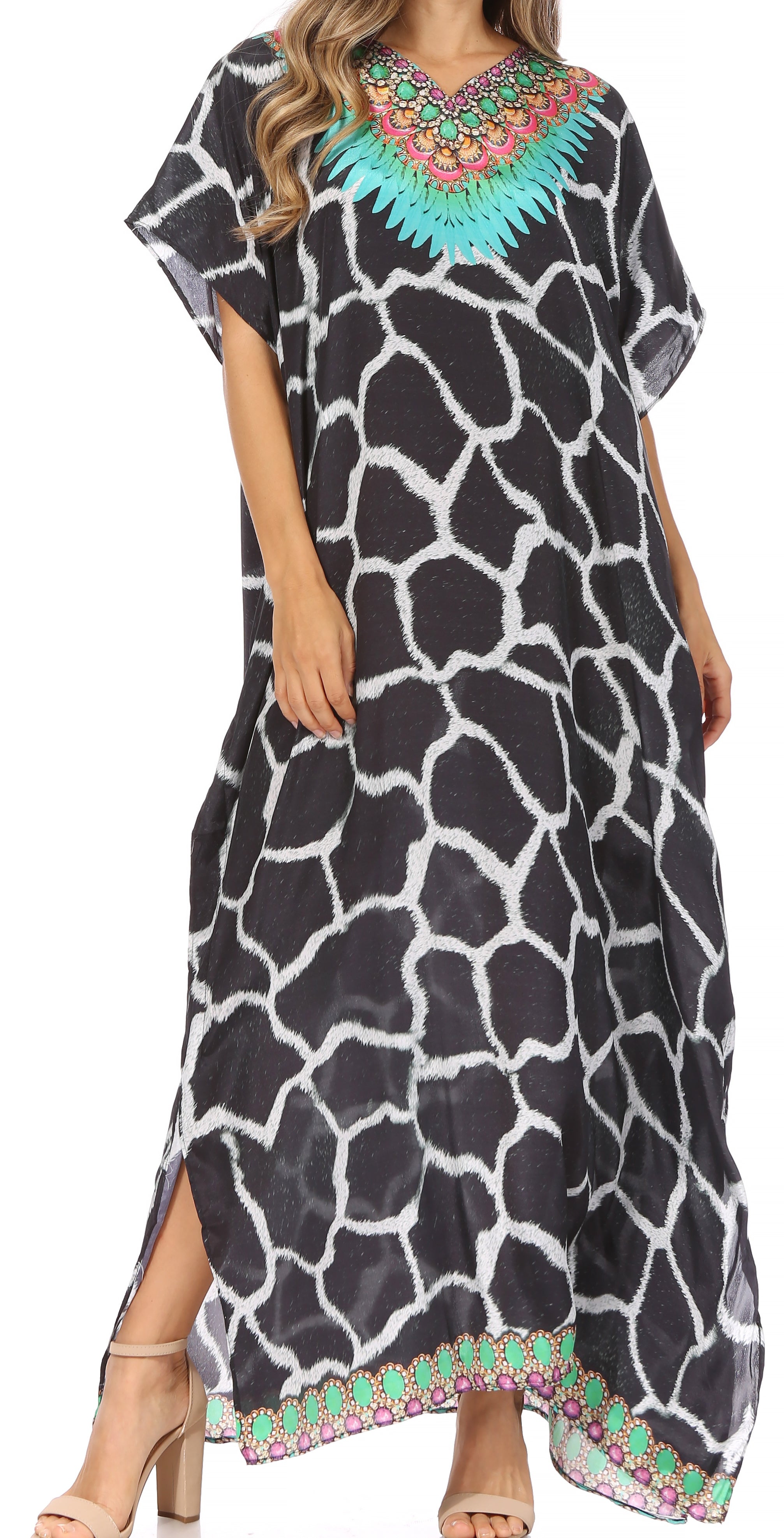Vicky Women's Casual Short Sleeve Petite Beach Maxi Caftan Dress