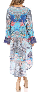 Rema Boho Shift Tunic High-Low V-Neck Long Sleeve Dress with Print