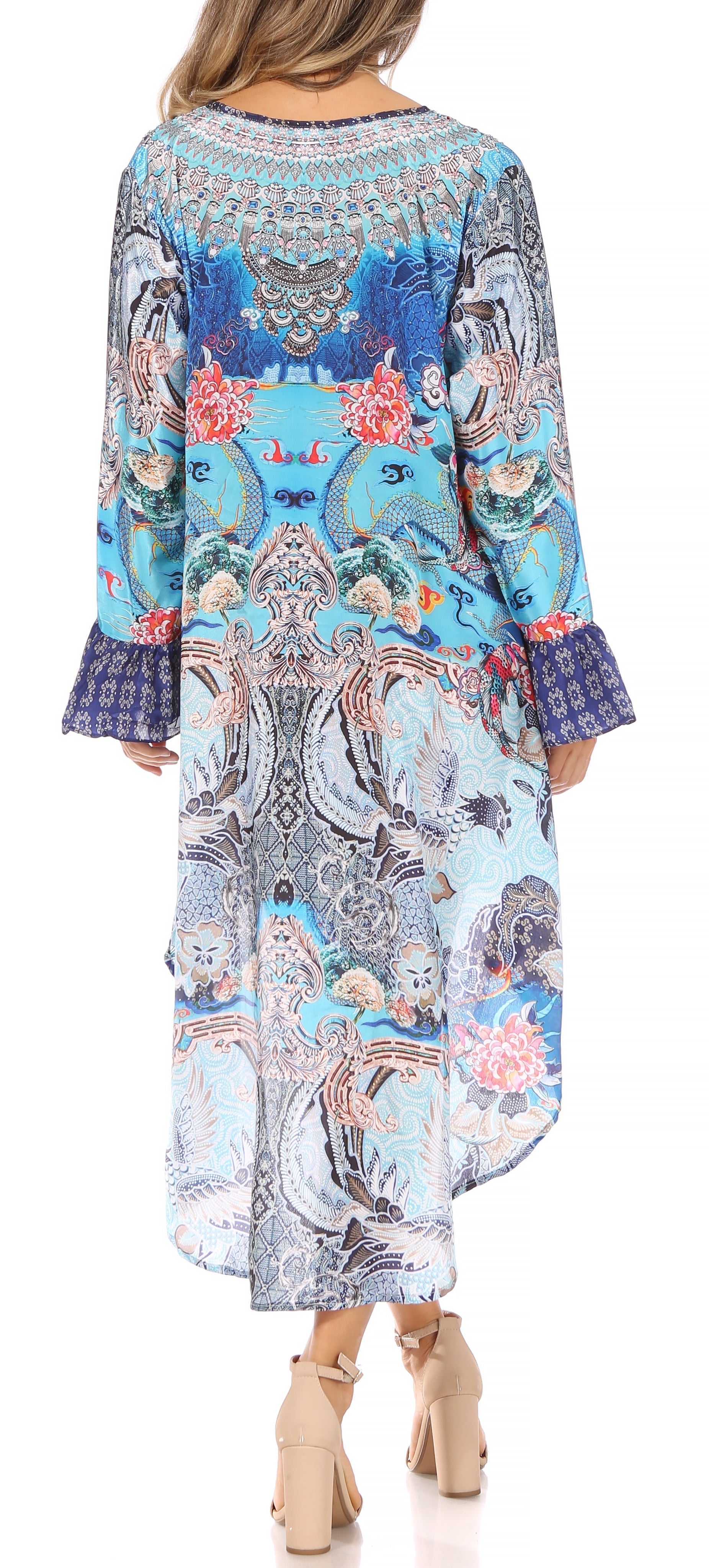 Rema Boho Shift Tunic High-Low V-Neck Long Sleeve Dress with Print