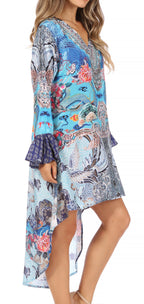 Rema Boho Shift Tunic High-Low V-Neck Long Sleeve Dress with Print