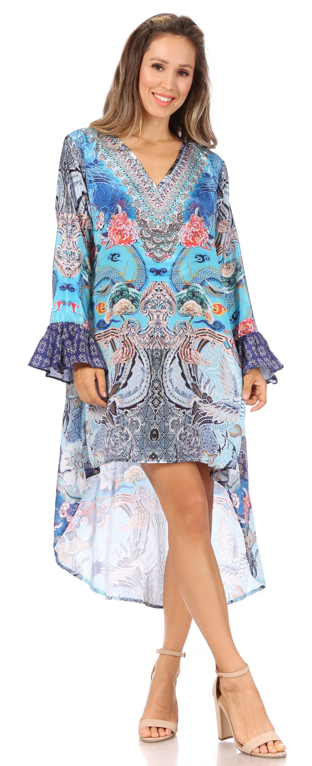 Rema Boho Shift Tunic High-Low V-Neck Long Sleeve Dress with Print