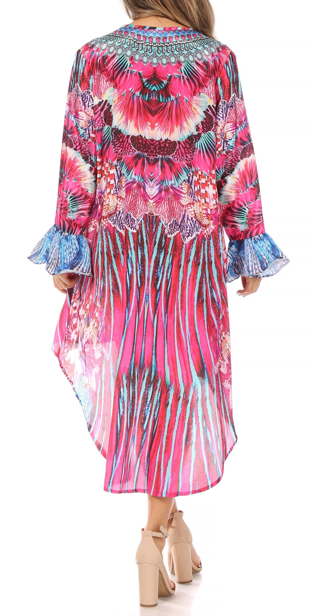 Rema Boho Shift Tunic High-Low V-Neck Long Sleeve Dress with Print