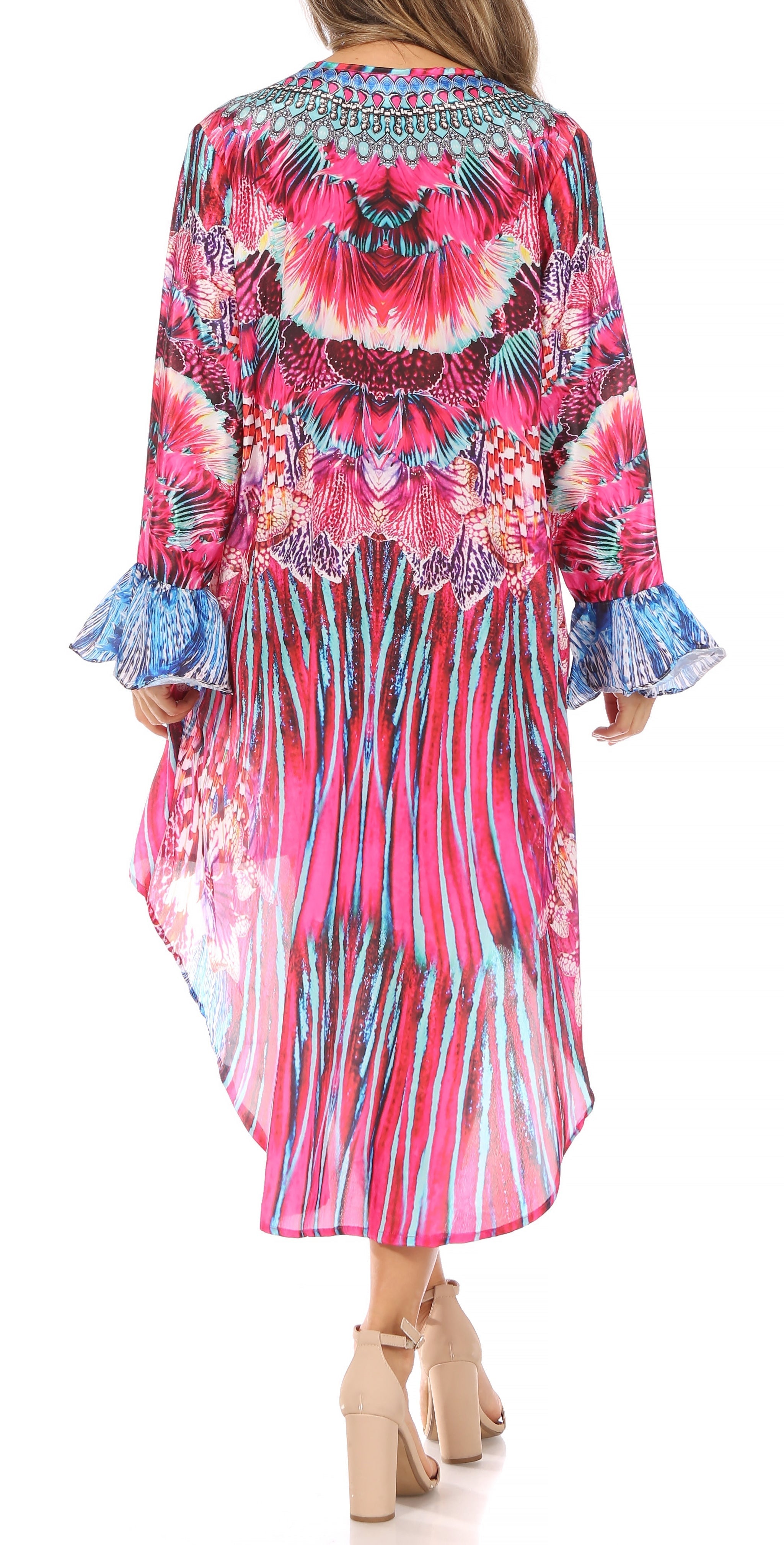 Rema Boho Shift Tunic High-Low V-Neck Long Sleeve Dress with Print