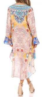 Rema Boho Shift Tunic High-Low V-Neck Long Sleeve Dress with Print