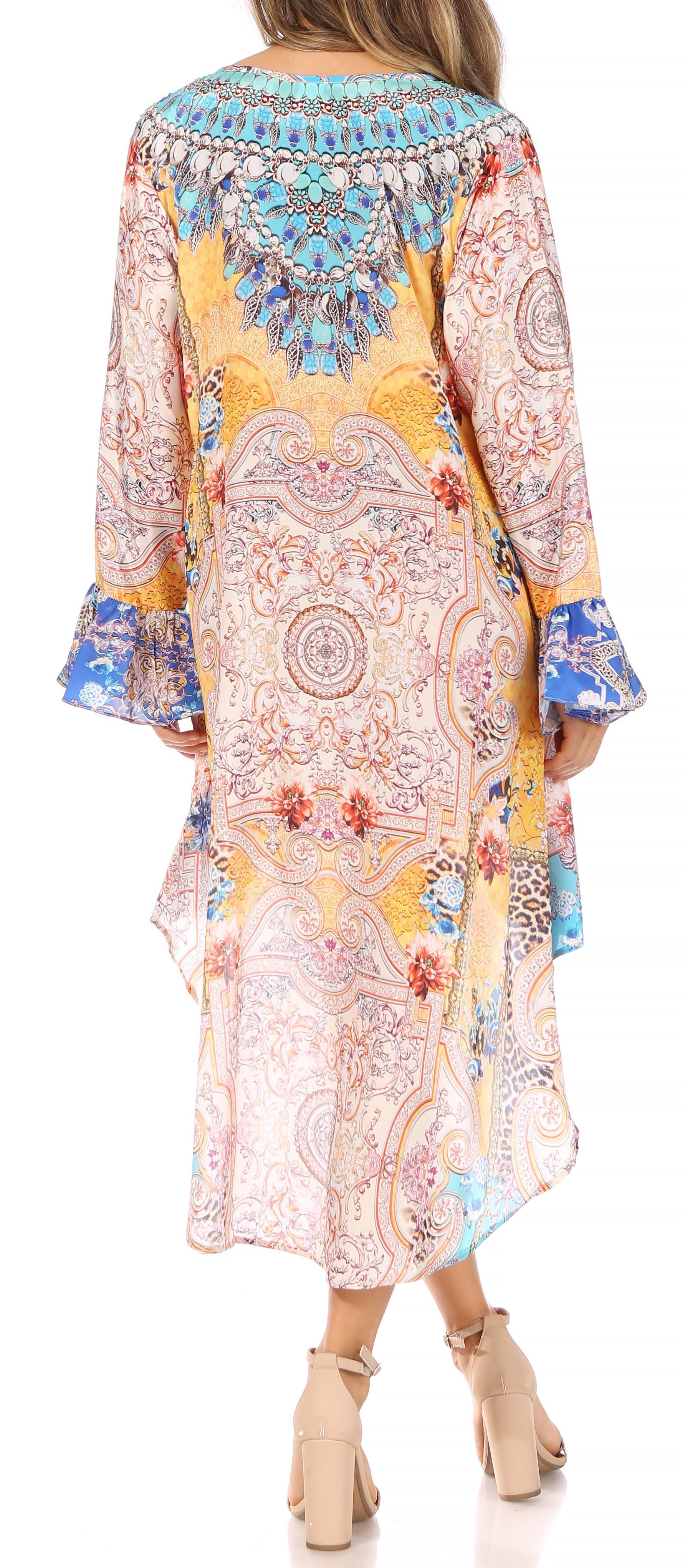 Rema Boho Shift Tunic High-Low V-Neck Long Sleeve Dress with Print