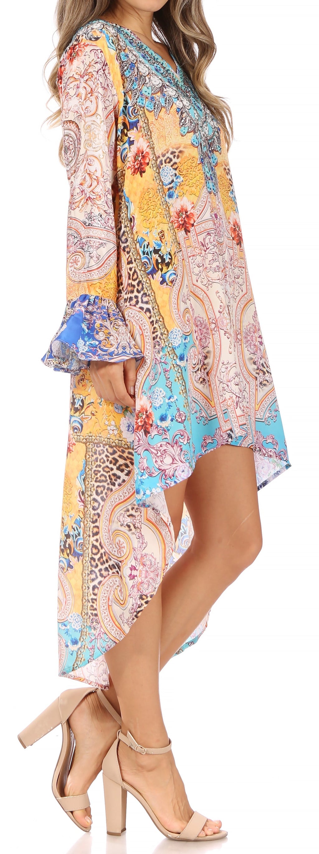 Rema Boho Shift Tunic High-Low V-Neck Long Sleeve Dress with Print
