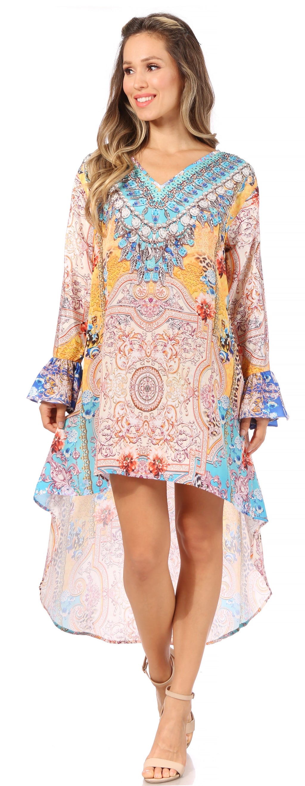 Rema Boho Shift Tunic High-Low V-Neck Long Sleeve Dress with Print