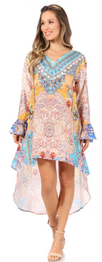 Rema Boho Shift Tunic High-Low V-Neck Long Sleeve Dress with Print