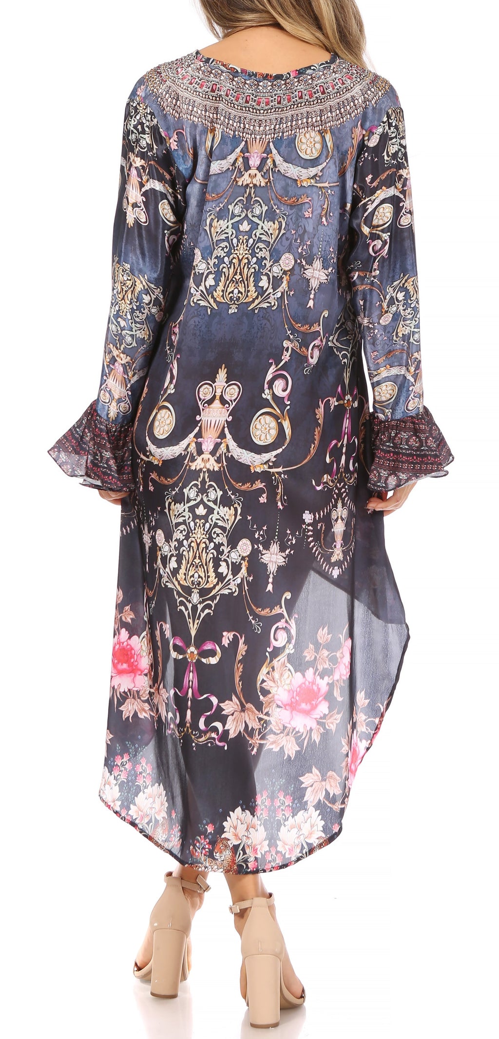 Rema Boho Shift Tunic High-Low V-Neck Long Sleeve Dress with Print
