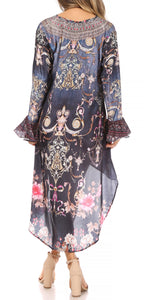 Rema Boho Shift Tunic High-Low V-Neck Long Sleeve Dress with Print