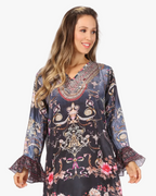 Rema Boho Shift Tunic High-Low V-Neck Long Sleeve Dress with Print