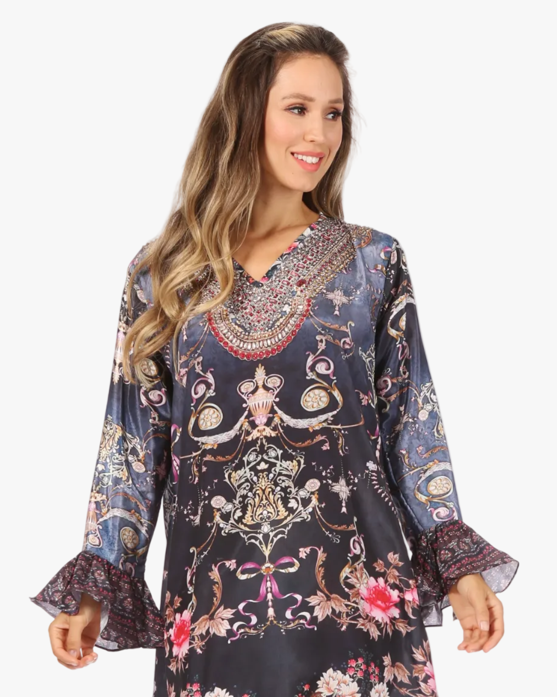 Rema Boho Shift Tunic High-Low V-Neck Long Sleeve Dress with Print