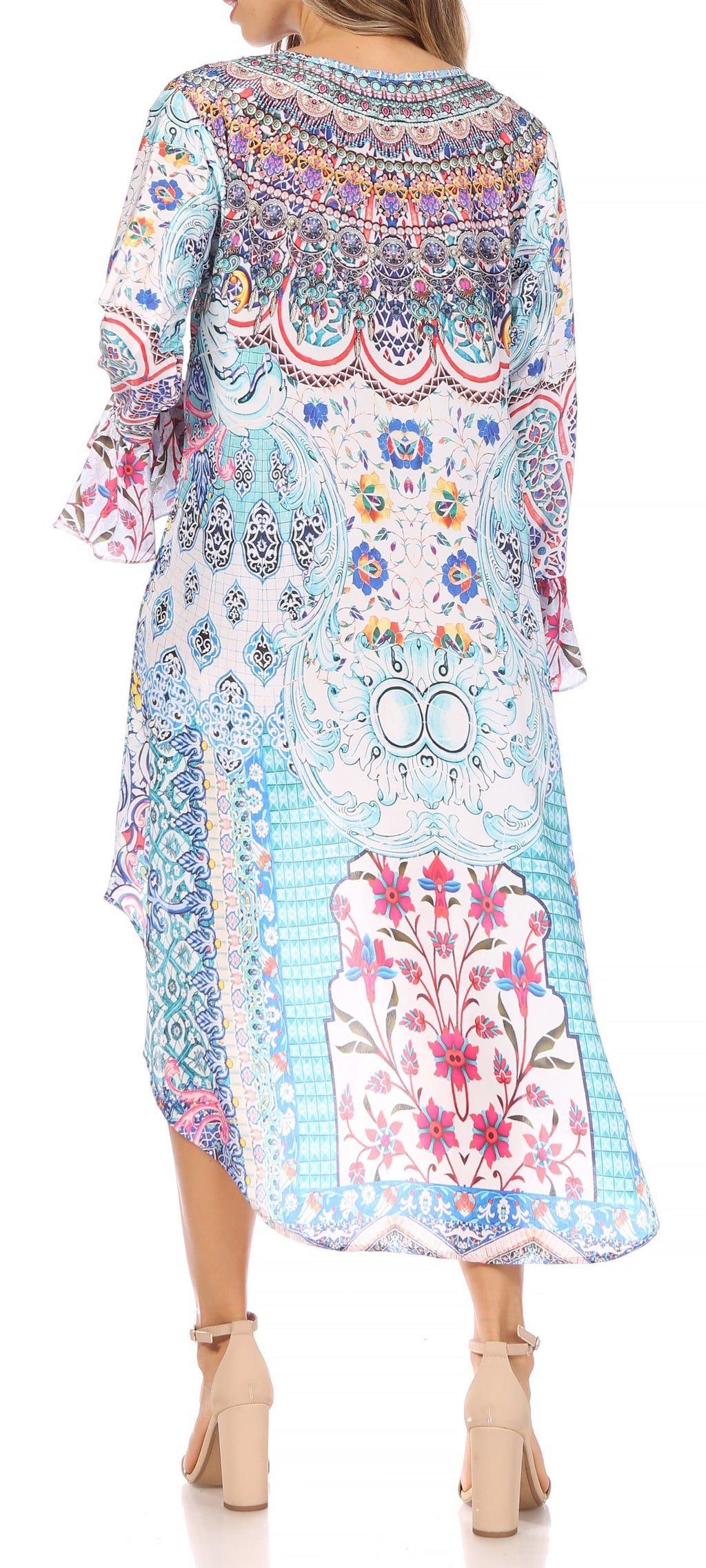 Rema Boho Shift Tunic High-Low V-Neck Long Sleeve Dress with Print