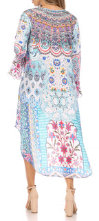 Rema Boho Shift Tunic High-Low V-Neck Long Sleeve Dress with Print