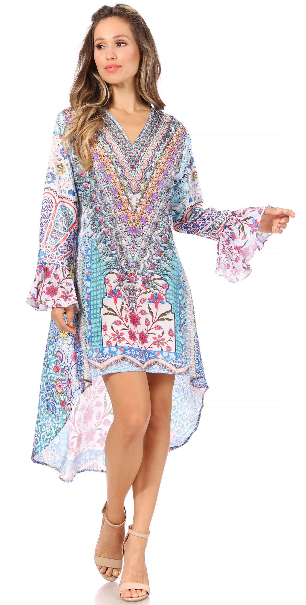 Rema Boho Shift Tunic High-Low V-Neck Long Sleeve Dress with Print