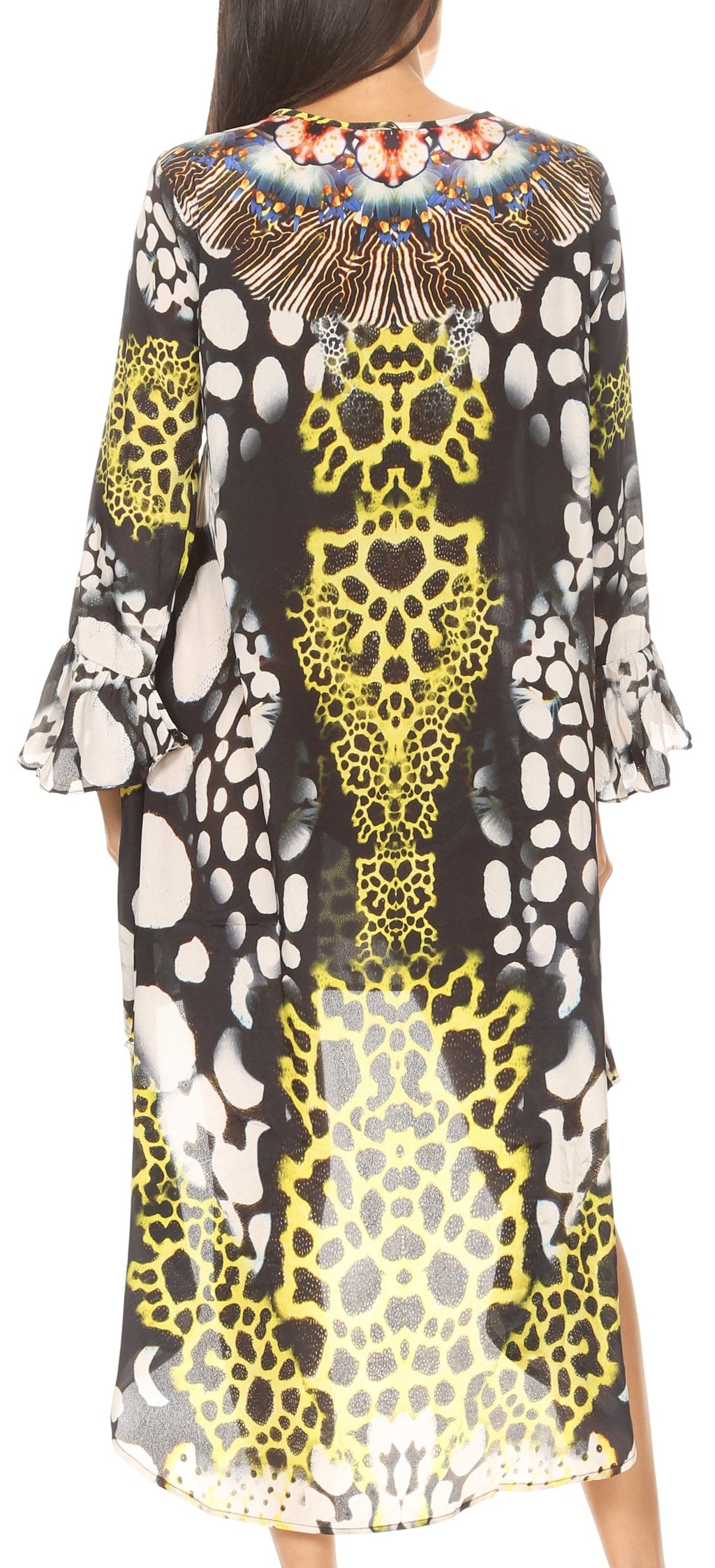Rema Boho Shift Tunic High-Low V-Neck Long Sleeve Dress with Print
