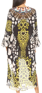 Rema Boho Shift Tunic High-Low V-Neck Long Sleeve Dress with Print