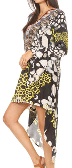 Rema Boho Shift Tunic High-Low V-Neck Long Sleeve Dress with Print