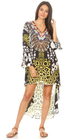Rema Boho Shift Tunic High-Low V-Neck Long Sleeve Dress with Print
