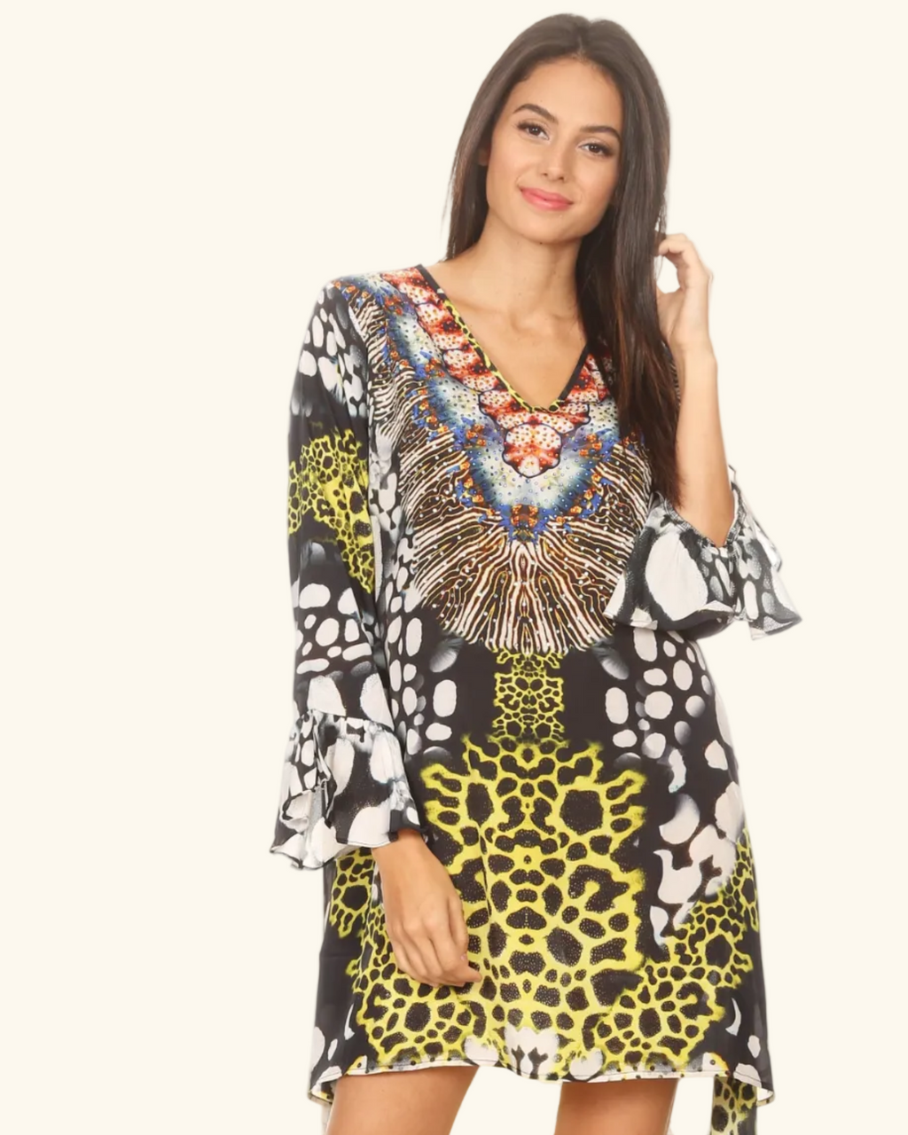 Rema Boho Shift Tunic High-Low V-Neck Long Sleeve Dress with Print