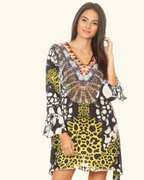 Rema Boho Shift Tunic High-Low V-Neck Long Sleeve Dress with Print
