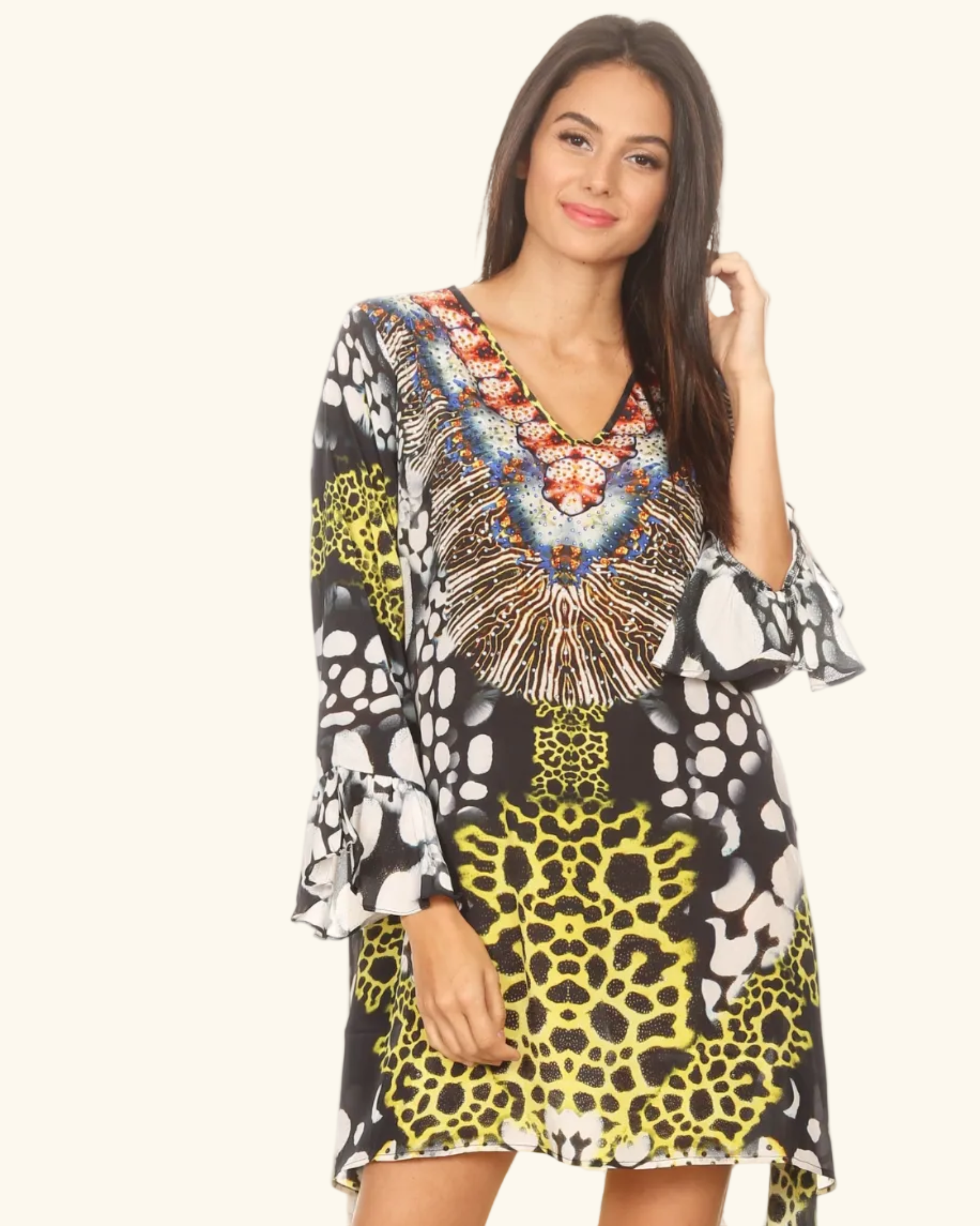 Rema Boho Shift Tunic High-Low V-Neck Long Sleeve Dress with Print