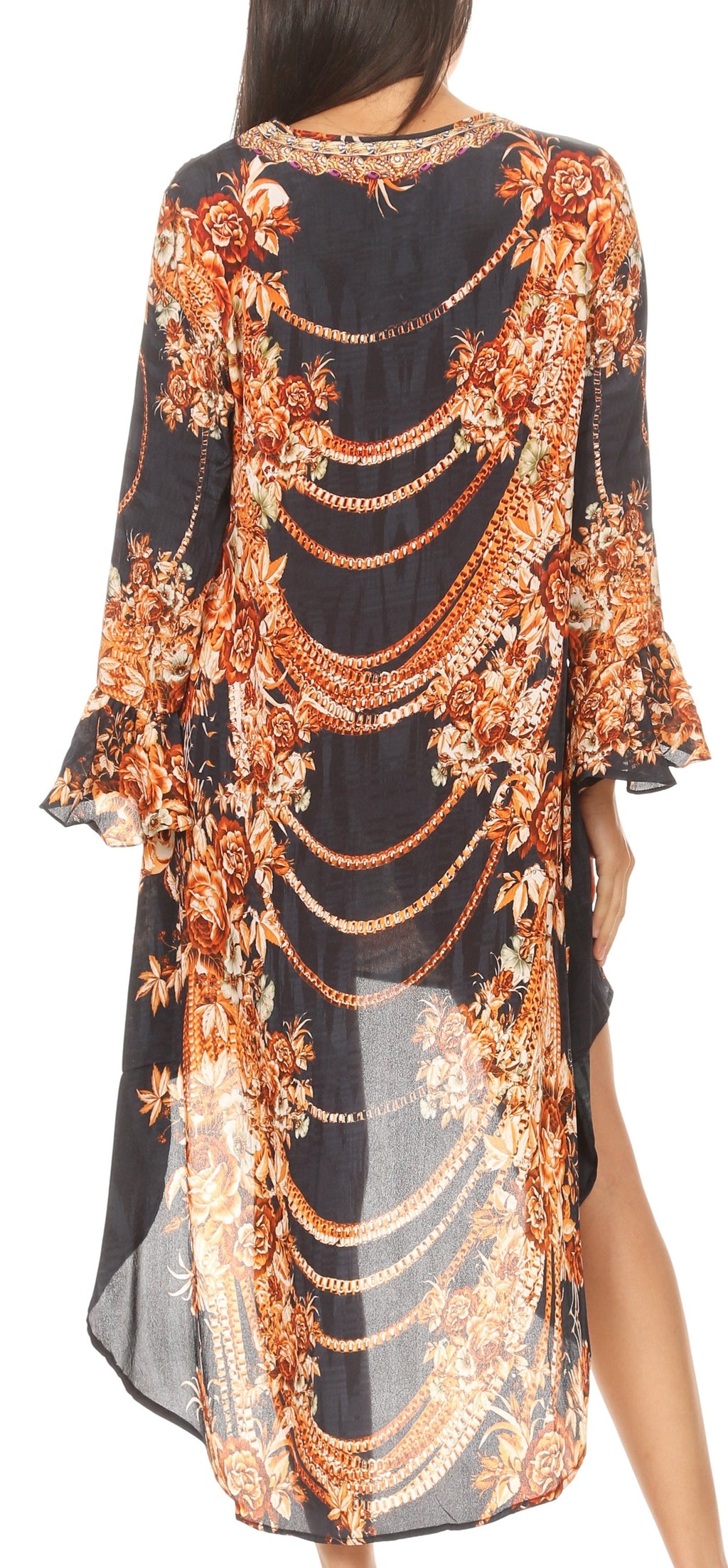 Rema Boho Shift Tunic High-Low V-Neck Long Sleeve Dress with Print