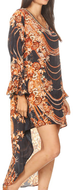 Rema Boho Shift Tunic High-Low V-Neck Long Sleeve Dress with Print