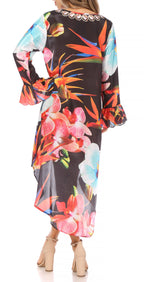 Rema Boho Shift Tunic High-Low V-Neck Long Sleeve Dress with Print
