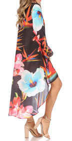 Rema Boho Shift Tunic High-Low V-Neck Long Sleeve Dress with Print