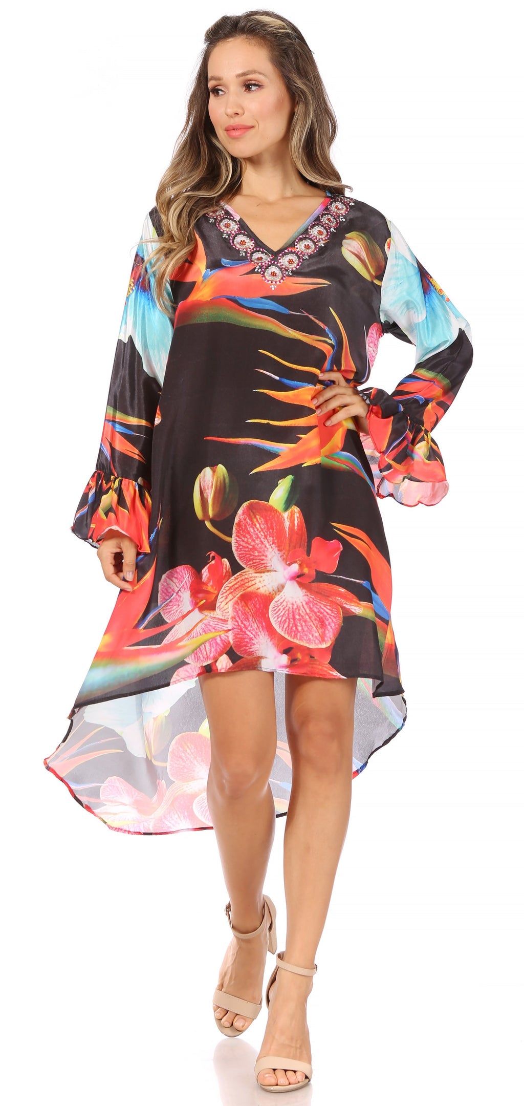 Rema Boho Shift Tunic High-Low V-Neck Long Sleeve Dress with Print