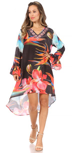 Rema Boho Shift Tunic High-Low V-Neck Long Sleeve Dress with Print