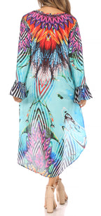 Rema Boho Shift Tunic High-Low V-Neck Long Sleeve Dress with Print