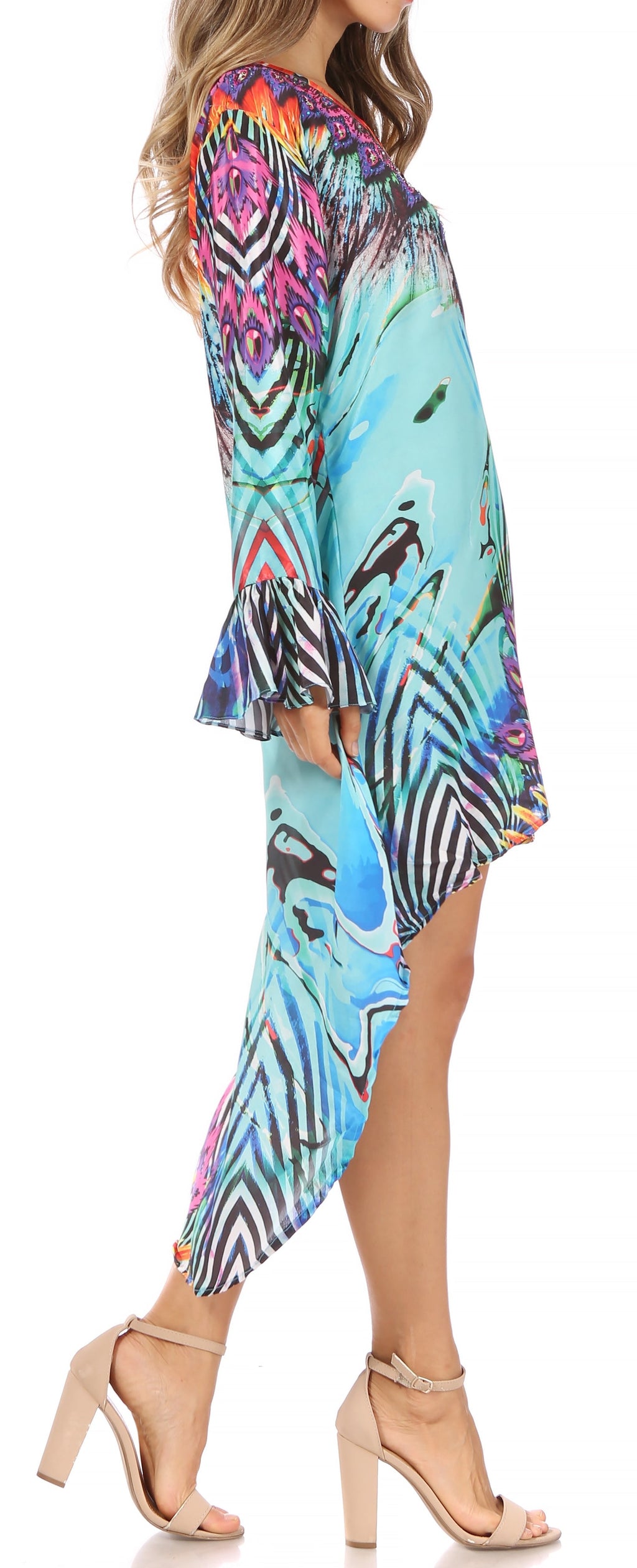 Rema Boho Shift Tunic High-Low V-Neck Long Sleeve Dress with Print