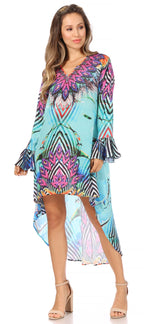 Rema Boho Shift Tunic High-Low V-Neck Long Sleeve Dress with Print