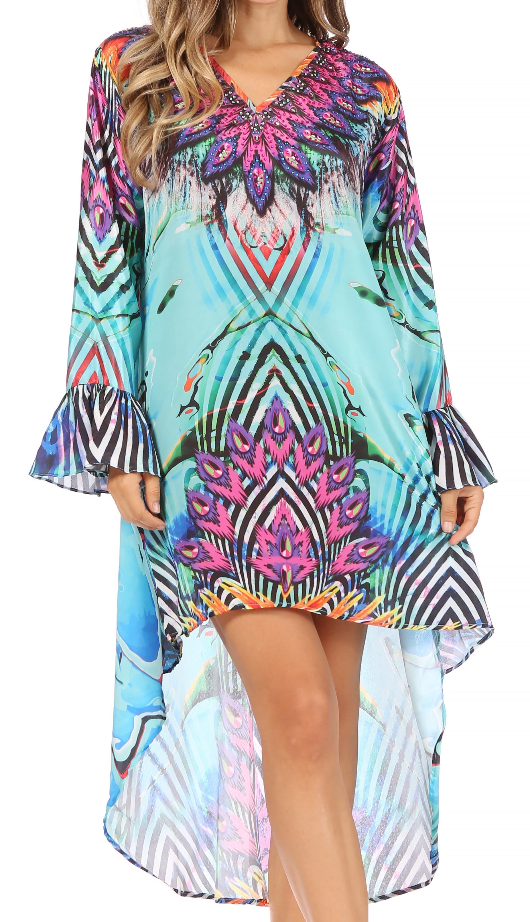 Rema Boho Shift Tunic High-Low V-Neck Long Sleeve Dress with Print