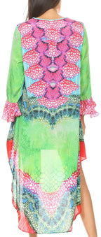 Rema Boho Shift Tunic High-Low V-Neck Long Sleeve Dress with Print
