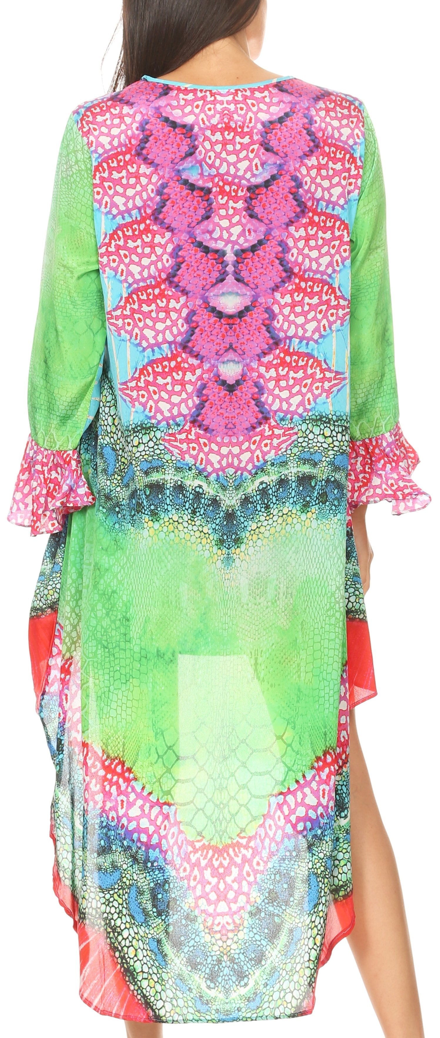 Rema Boho Shift Tunic High-Low V-Neck Long Sleeve Dress with Print