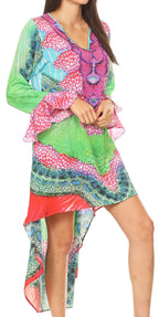 Rema Boho Shift Tunic High-Low V-Neck Long Sleeve Dress with Print